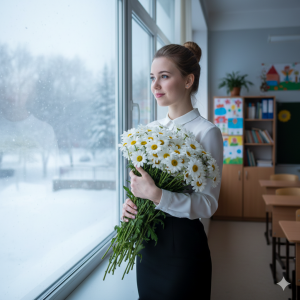 Тыйнак укытучы кызга ромашкалар гөлләмәсе
